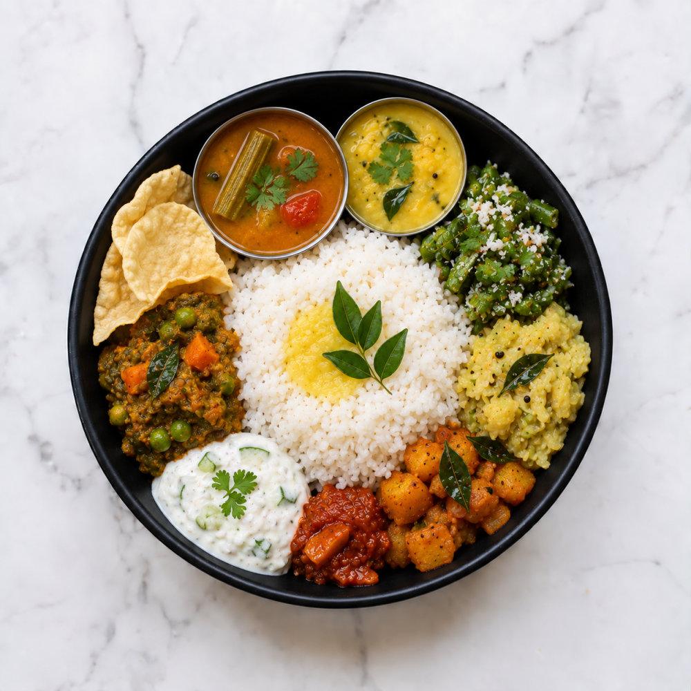 Vayalveli Virundhu Veg Meals — rice, sambar, rasam, poriyal, curd, and pickle served on a platter
